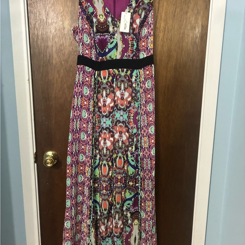 Nicole Purple Multi-Pattern Sleeveless Maxi Dress with Black Waistband